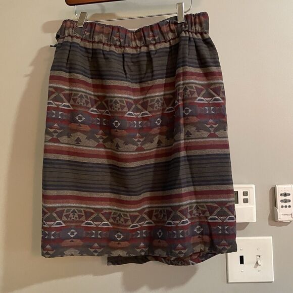 Orvis Wrap Skirt Sz M Southwestern Aztec Elastic Waist Side Zip Tie Pockets New - Picture 2 of 12